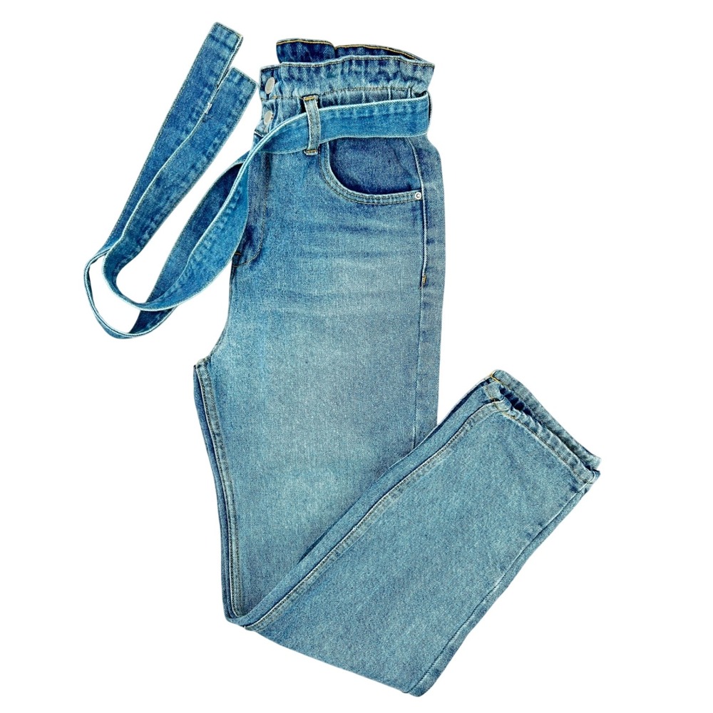 SWS Denim Co Womens High Rise Paperbag Waist Jeans Light Wash Blue Size S‎ AO 21